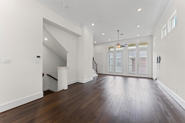 9635 Riddlewood Ln, Houston, TX 77025 - unfurnished living room with a ceiling fan, dark wood-style floors, healthy amount of natural light, crown molding, and recessed lighting