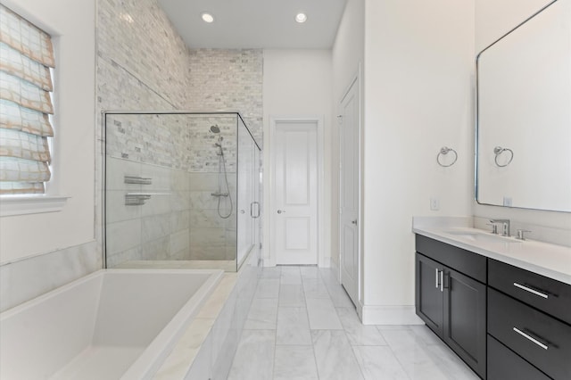 9635 Riddlewood Ln, Houston, TX 77025 - full bathroom with a shower stall, vanity, recessed lighting, marble look tile flooring, and healthy amount of natural light