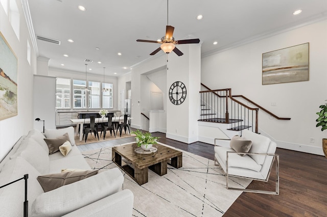 9635 Riddlewood Ln, Houston, TX 77025 - living area with recessed lighting, stairs, ornamental molding, wood finished floors, and ceiling fan