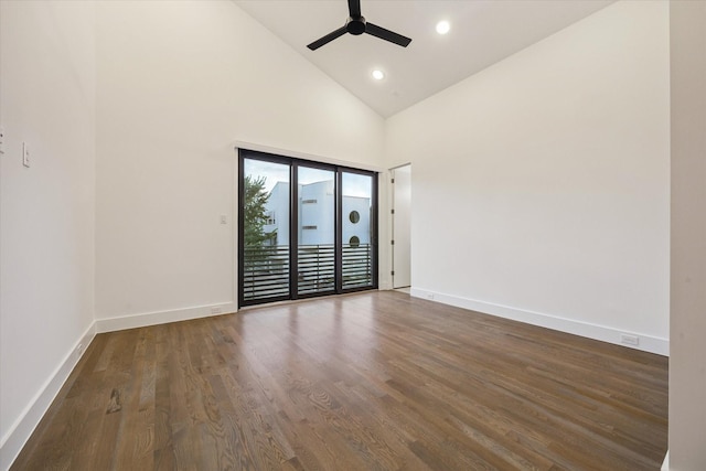 2014 Colquitt, Houston, TX 77098 - empty room with high vaulted ceiling, ceiling fan, wood finished floors, and recessed lighting
