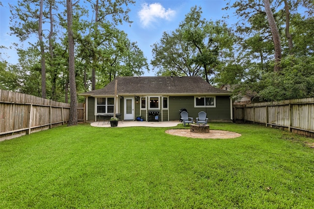 79 Fallshire Dr, The Woodlands, TX 77381 - rear view of house with a patio area, an outdoor fire pit, a fenced backyard, and roof with shingles