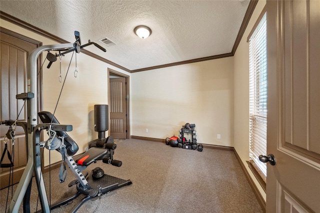 11399 Fm-3126, Livingston, TX 77351 - workout room with ornamental molding, a textured ceiling, and carpet floors
