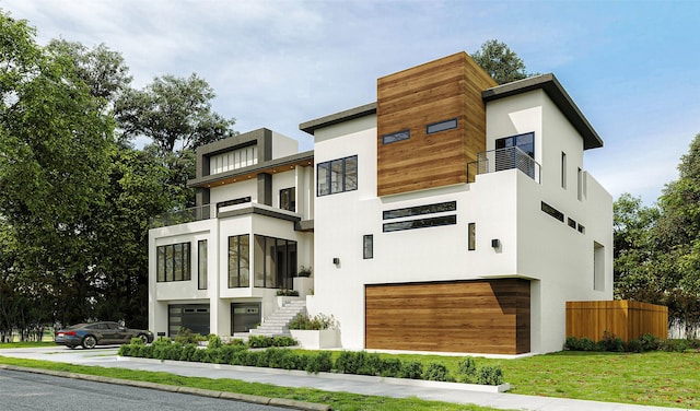 5006 Heatherglen Dr, Houston, TX 77096 - contemporary home featuring a balcony, an attached garage, stairs, and stucco siding