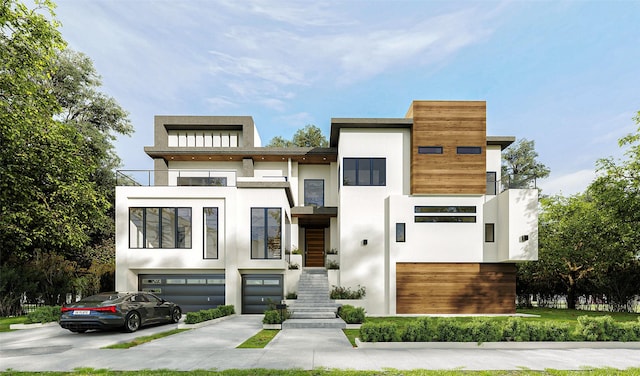 5006 Heatherglen Dr, Houston, TX 77096 - modern home featuring a balcony, driveway, an attached garage, and stucco siding