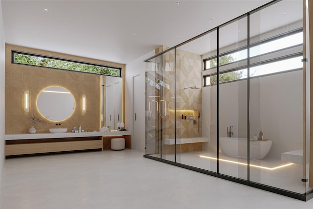 5006 Heatherglen Dr, Houston, TX 77096 - bathroom featuring double vanity, a shower stall, and a freestanding bath