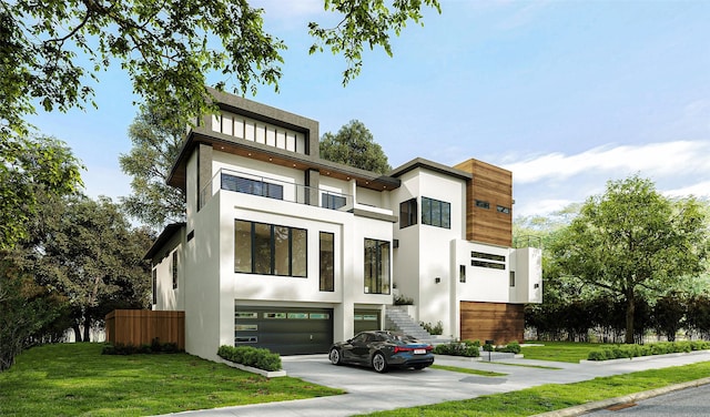 5006 Heatherglen Dr, Houston, TX 77096 - contemporary house featuring a balcony, stairway, a garage, concrete driveway, and stucco siding