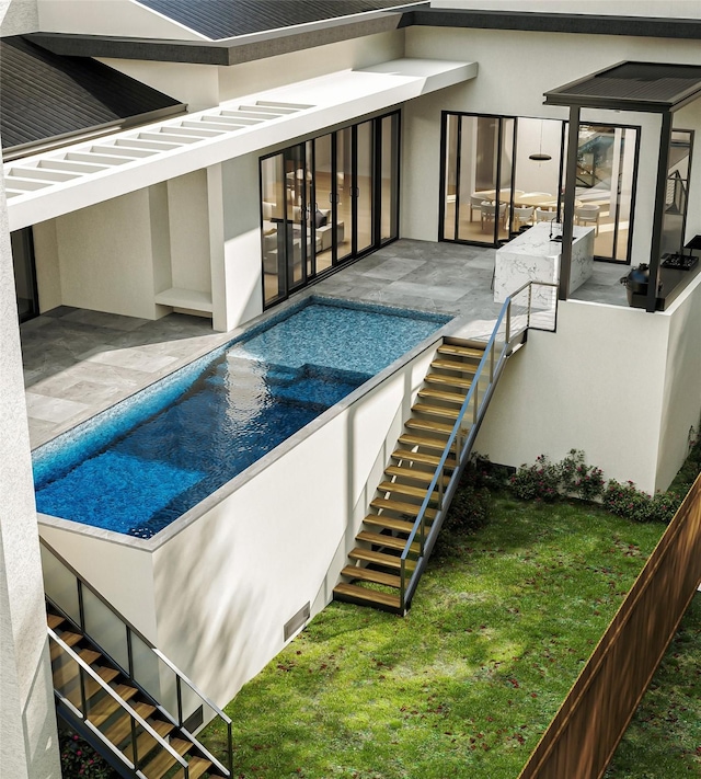5006 Heatherglen Dr, Houston, TX 77096 - outdoor pool with stairway, a patio, and a yard