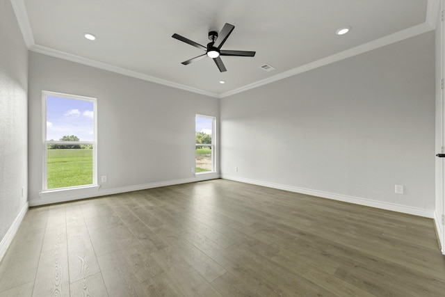 15408 Sandtrap Dr, Waller, TX 77484 - empty room featuring ornamental molding, a ceiling fan, wood finished floors, and recessed lighting