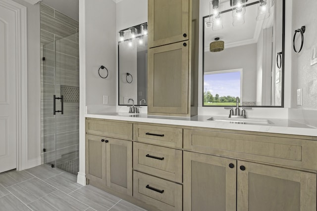 15408 Sandtrap Dr, Waller, TX 77484 - full bath featuring a shower stall, double vanity, and crown molding