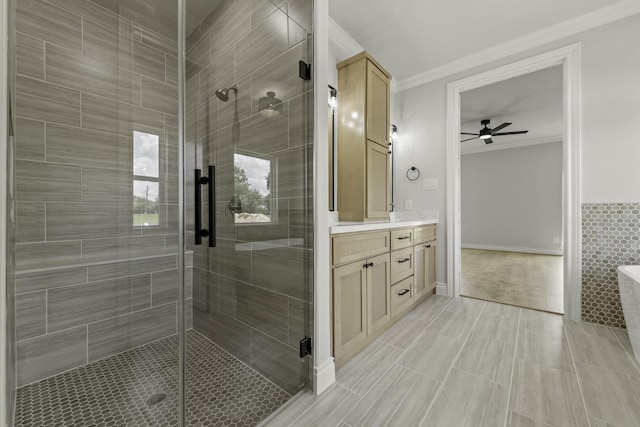 15408 Sandtrap Dr, Waller, TX 77484 - full bath featuring a ceiling fan, vanity, a stall shower, crown molding, and a tub