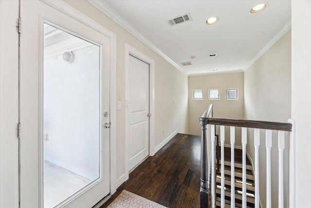 521 W Bell St, Houston, TX 77019 - hall with an upstairs landing, recessed lighting, ornamental molding, and dark wood-style flooring