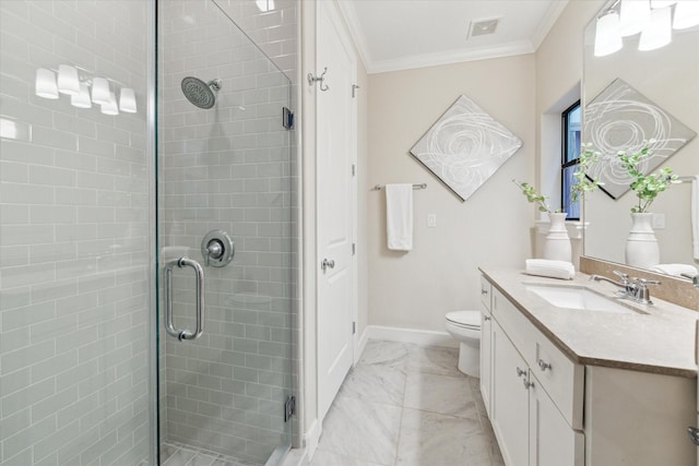 521 W Bell St, Houston, TX 77019 - full bath with a stall shower, marble look tiles, vanity, and crown molding