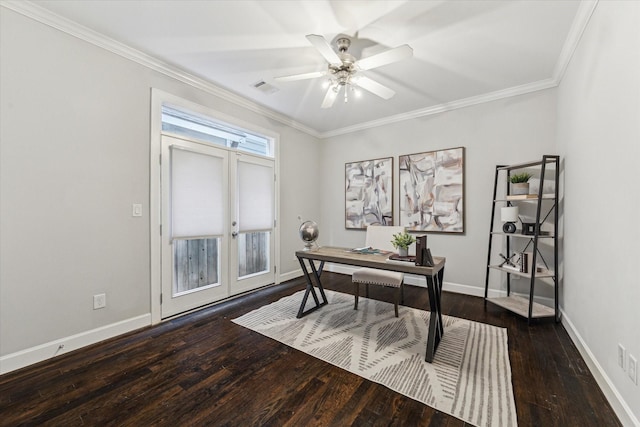 521 W Bell St, Houston, TX 77019 - office with french doors, wood-type flooring, crown molding, and a ceiling fan