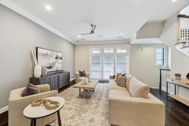 521 W Bell St, Houston, TX 77019 - living room featuring ceiling fan, ornamental molding, recessed lighting, and dark wood-type flooring