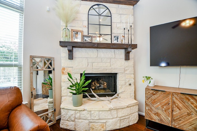 29011 Oldfield Ct, Katy, TX 77494 - living room featuring wood finished floors and a stone fireplace