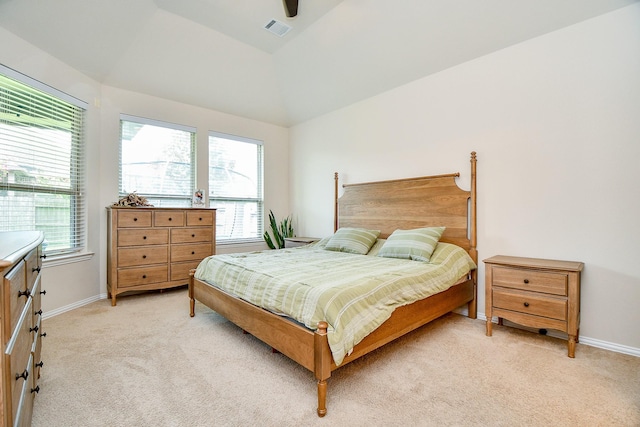 29011 Oldfield Ct, Katy, TX 77494 - bedroom with light colored carpet, lofted ceiling, and a ceiling fan