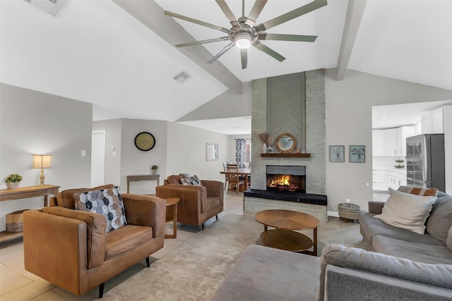 19702 Franz Rd, Houston, TX 77084 - living room with beam ceiling, ceiling fan, a brick fireplace, and high vaulted ceiling
