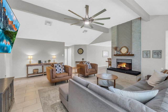 19702 Franz Rd, Houston, TX 77084 - living area with ceiling fan, high vaulted ceiling, light tile patterned floors, a brick fireplace, and beamed ceiling