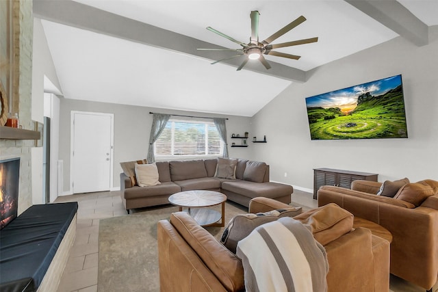 19702 Franz Rd, Houston, TX 77084 - living room with ceiling fan, a fireplace, and light tile patterned flooring