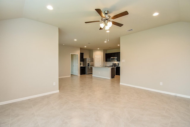 5602 Cedar Crescent Ct, Richmond, TX 77407 - unfurnished living room with ceiling fan, vaulted ceiling, and recessed lighting