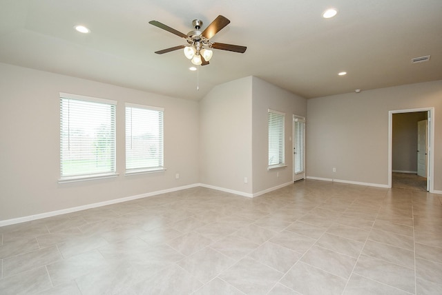 5602 Cedar Crescent Ct, Richmond, TX 77407 - spare room with ceiling fan, recessed lighting, light tile patterned flooring, and vaulted ceiling