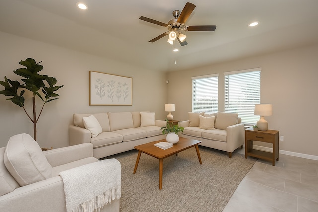 5602 Cedar Crescent Ct, Richmond, TX 77407 - living room featuring a ceiling fan, light tile patterned floors, and recessed lighting