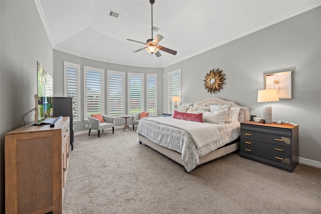 27410 Villa Mountain Ct, Fulshear, TX 77441 - bedroom featuring light carpet, crown molding, and a ceiling fan