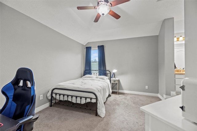 27410 Villa Mountain Ct, Fulshear, TX 77441 - carpeted bedroom featuring lofted ceiling, ensuite bath, and a ceiling fan