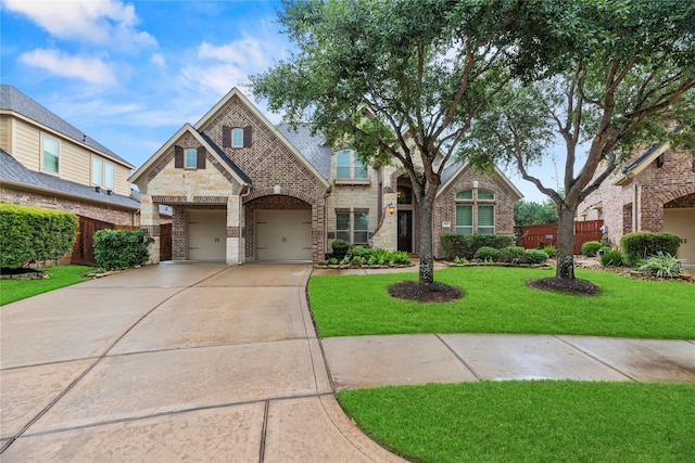 27410 Villa Mountain Ct, Fulshear, TX 77441 - view of front of property with driveway, a garage, stone siding, and brick siding