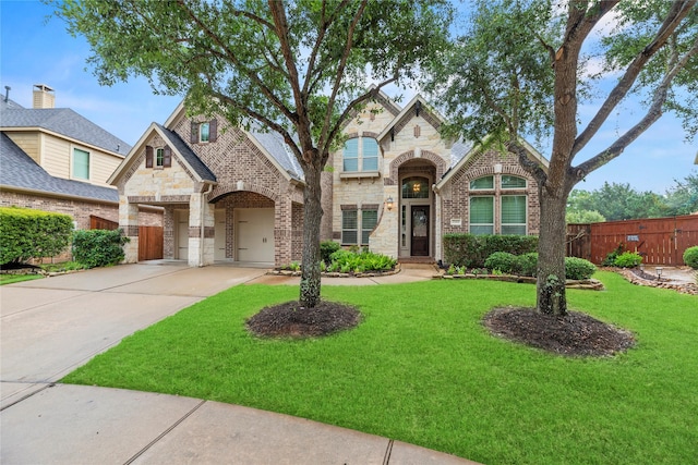 27410 Villa Mountain Ct, Fulshear, TX 77441 - french country home with stone siding, driveway, and brick siding