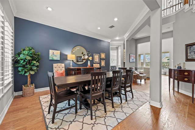 27410 Villa Mountain Ct, Fulshear, TX 77441 - dining room featuring light wood-type flooring, recessed lighting, and crown molding