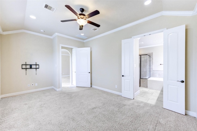 4927 Caponi Falls Ln, Katy, TX 77494 - unfurnished bedroom with carpet, crown molding, connected bathroom, recessed lighting, and ceiling fan
