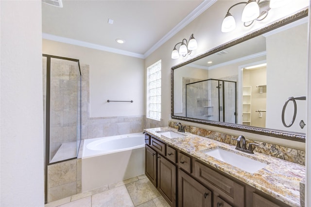 4927 Caponi Falls Ln, Katy, TX 77494 - bathroom featuring a shower stall, double vanity, a garden tub, recessed lighting, and crown molding