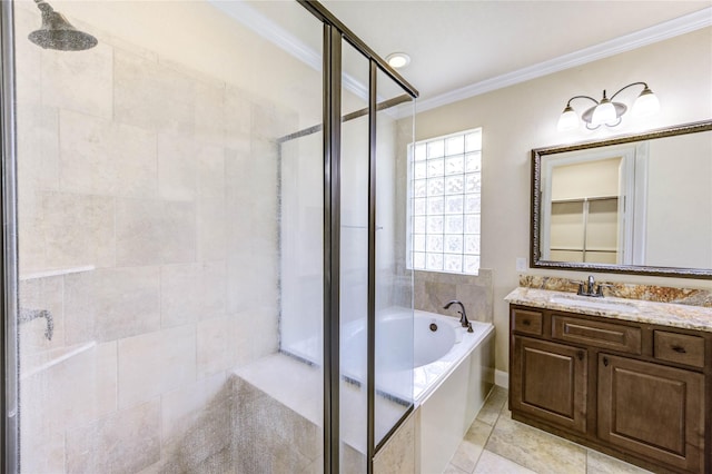 4927 Caponi Falls Ln, Katy, TX 77494 - bathroom with crown molding, a shower stall, a garden tub, vanity, and tile patterned flooring