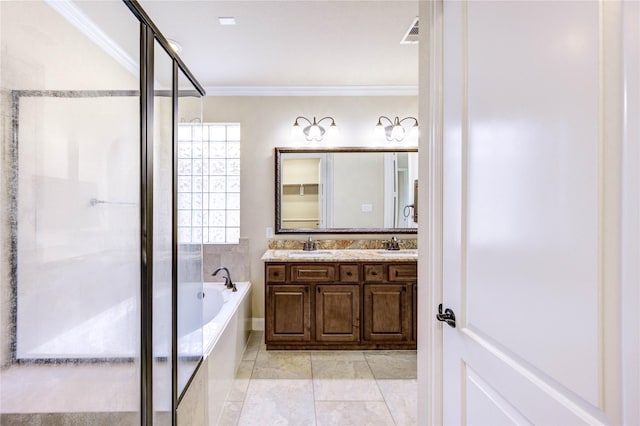 4927 Caponi Falls Ln, Katy, TX 77494 - bathroom with ornamental molding, double vanity, a bath, and a shower stall