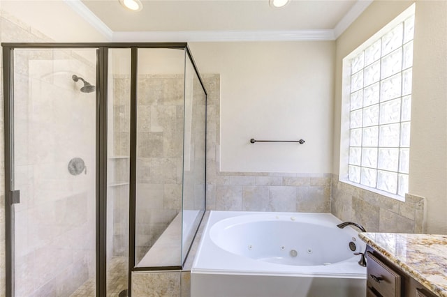 4927 Caponi Falls Ln, Katy, TX 77494 - full bath with a tub with jets, a shower stall, vanity, crown molding, and recessed lighting