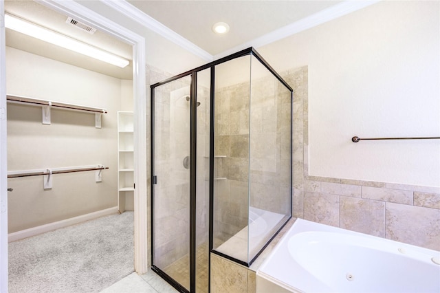 4927 Caponi Falls Ln, Katy, TX 77494 - bathroom with a whirlpool tub, a stall shower, a spacious closet, crown molding, and recessed lighting