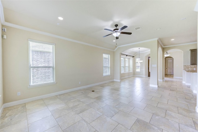 4927 Caponi Falls Ln, Katy, TX 77494 - unfurnished living room featuring arched walkways, ornamental molding, a ceiling fan, recessed lighting, and a chandelier