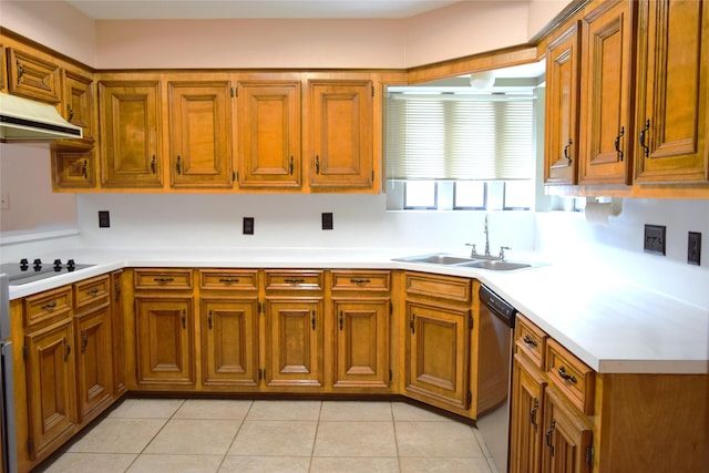 7331 Rancho Mission Dr, Houston, TX 77083 - kitchen with under cabinet range hood, dishwasher, black electric stovetop, and brown cabinets