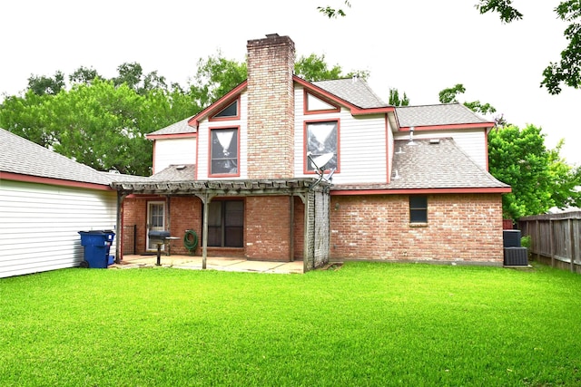 7331 Rancho Mission Dr, Houston, TX 77083 - back of house featuring a chimney, a patio area, roof with shingles, and brick siding