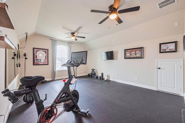 21031 Secretariat Meadow Ln, Tomball, TX 77377 - workout area featuring ceiling fan and lofted ceiling