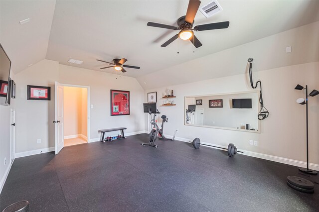 21031 Secretariat Meadow Ln, Tomball, TX 77377 - workout area featuring a ceiling fan and lofted ceiling