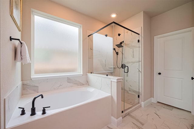 21031 Secretariat Meadow Ln, Tomball, TX 77377 - bathroom featuring a garden tub, a marble finish shower, and marble finish floors
