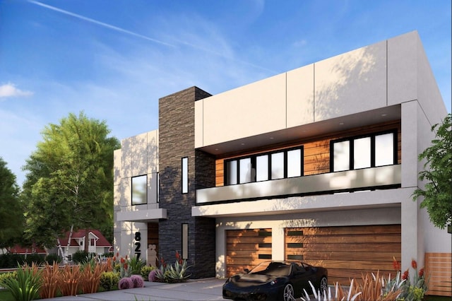 827 Bunker Hill Rd, Houston, TX 77024 - view of front of house with stone siding, a garage, and a balcony