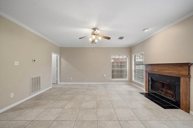 5411 Davids Bend Dr, Sugar Land, TX 77479 - unfurnished living room featuring ceiling fan, ornamental molding, a fireplace, and light tile patterned floors