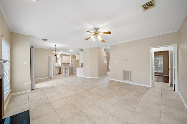 5411 Davids Bend Dr, Sugar Land, TX 77479 - unfurnished living room featuring ceiling fan, a chandelier, ornamental molding, a fireplace, and light tile patterned floors