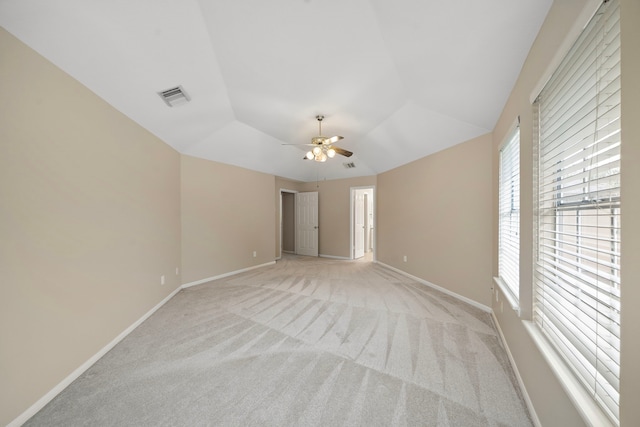 5411 Davids Bend Dr, Sugar Land, TX 77479 - empty room featuring light colored carpet, lofted ceiling, and ceiling fan