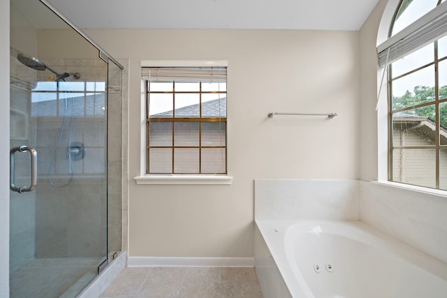 5411 Davids Bend Dr, Sugar Land, TX 77479 - full bathroom featuring a stall shower, a whirlpool tub, and tile patterned flooring