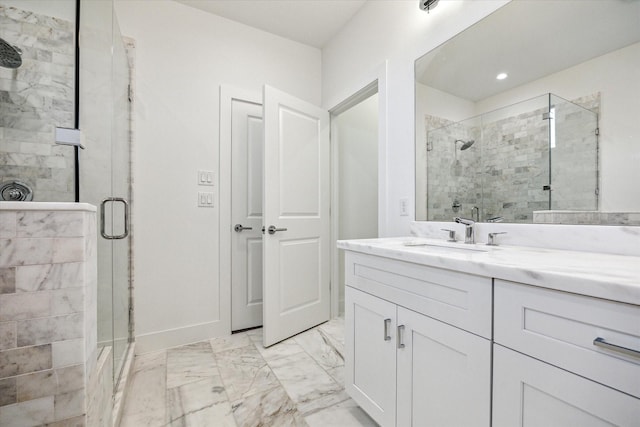 1609 Roy St, Houston, TX 77007 - bathroom featuring a stall shower, vanity, marble finish flooring, and recessed lighting