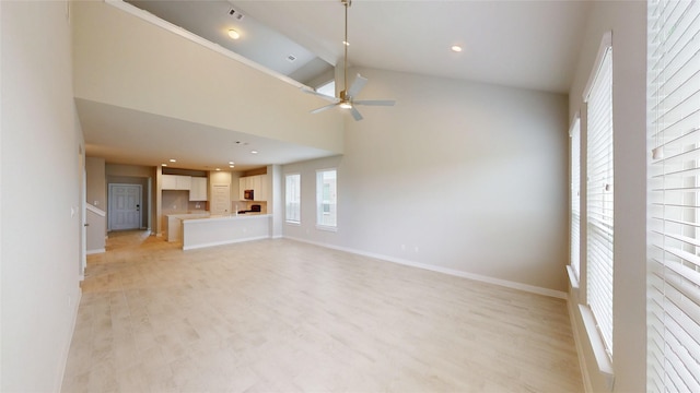 333 Spruce Oak Ln, Waller, TX 77484 - unfurnished living room with ceiling fan, light wood-style floors, high vaulted ceiling, and recessed lighting